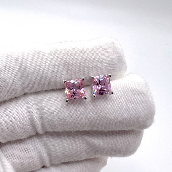 7mm Square Pink Cz .925 Sterling Silver Earrings - Picture 10 of 13